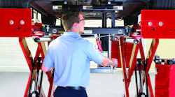 This drive-on scissor lift is equipped with additional lighting and air jacks, two very handy options which greatly increase the utility of the lift.