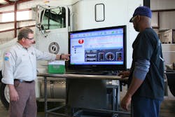 Bryan Lewis, 2007 and 2008 TMCSuperTech Grand Champion and instructor at Southside Virginia Community College, shows a student how to use JPRO Fleet Diagnostics on a heavy duty vehicle. Bryan Lewis, 2007 and 2008 TMCSuperTech Grand Champion and instructor at Southside Virginia Community College, shows a student how to use JPRO Fleet Diagnostics on a heavy duty vehicle.