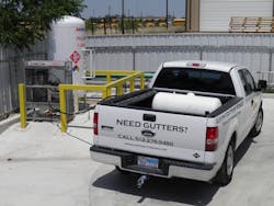 Austin Gutter King has a 500-gallon propane autogas dispenser at its headquarters, installed by the propane provider, which also facilitates the company’s fuel delivery. Austin Gutter King has a 500-gallon propane autogas dispenser at its headquarters, installed by the propane provider, which also facilitates the company’s fuel delivery.