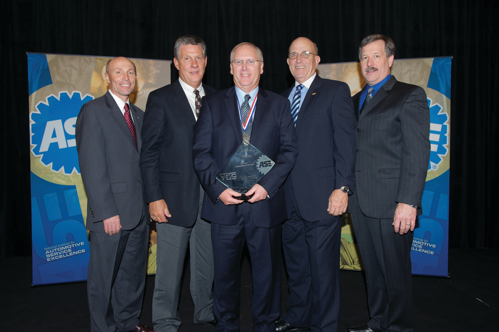 From left to right: Tim Zilke (ASE President & CEO), Roger Foss (AYES Chairman), David White, Chuck Roberts (AYES President) and John Pfennig (ASE Chairman)