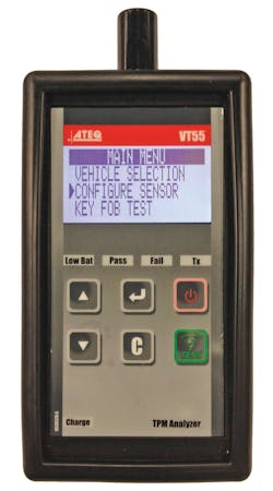 The ATEQ VT55 OBD TPMS tool can program all OE and several aftermarket TPMS sensors. For more information on this tool, go to VehicleServicePros.com/10630381 The ATEQ VT55 OBD TPMS tool can program all OE and several aftermarket TPMS sensors. For more information on this tool, go to VehicleServicePros.com/10630381