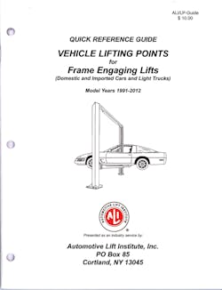 The Automotive Lift Institute offers an updated 2012 ALI Lift Point Guide. The Automotive Lift Institute offers an updated 2012 ALI Lift Point Guide.