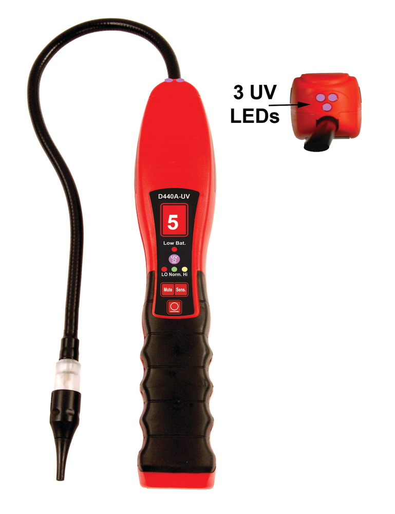 Techno Tools Dual Mode Refrigerant LeakDetector, No. D440-UV, does not require rechargeable batteries. For more information on this product, go to www.VehicleServicePros.com/10733142.