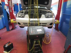 Bleeding the brakes with a brake flush machine. Notice that a battery is not directly on the floor. This is in accordance with EPA regulations in order to prevent fines. For more information on the Flo-Dyamics BrakeMate Jr. check out VehicleServicePros.com/10106064. Bleeding the brakes with a brake flush machine. Notice that a battery is not directly on the floor. This is in accordance with EPA regulations in order to prevent fines. For more information on the Flo-Dyamics BrakeMate Jr. check out VehicleServicePros.com/10106064.