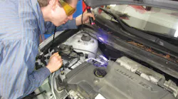Figure 1: The best way to find A/C leaks is the tried and tested method of fulling the A/C system up to full capacity with dye. Be sure to use a full-spectrum dye, and also a black light capable of seeing multiple dyes such as the UV Phazer Neo, No. 413025, from UView pictured here. For more information on this product check out vehicleservicepros.com/10223204.