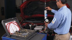 This fuel injector cleaner allows a cleaning solution to be delivered through the fuel rail and the injectors. For more information on this product, go to: www.VehicleServicePros.com/10857696. This fuel injector cleaner allows a cleaning solution to be delivered through the fuel rail and the injectors. For more information on this product, go to: www.VehicleServicePros.com/10857696.