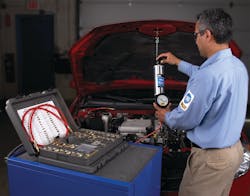 This fuel injector cleaner allows a cleaning solution to be delivered through the fuel rail and the injectors. For more information on this product, go to: www.VehicleServicePros.com/10857696. This fuel injector cleaner allows a cleaning solution to be delivered through the fuel rail and the injectors. For more information on this product, go to: www.VehicleServicePros.com/10857696.