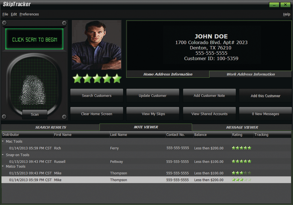 The SkipTracker customer page shows users a customer picture with residential and work information, as well as current and previous accounts with notes and feedback left by other distributors.