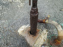 Shown here is corrosion on the drop tube of an underground fuel storage tank. Metals particles from the corrosion, when mixed with sludge, make fuel filters plug, and that can lead to engine issues. Shown here is corrosion on the drop tube of an underground fuel storage tank. Metals particles from the corrosion, when mixed with sludge, make fuel filters plug, and that can lead to engine issues.