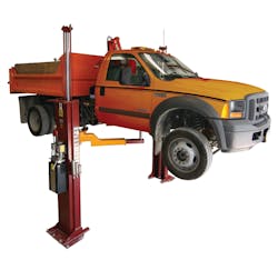 Two-post lifts such as this one from Mohawk Lifts give good under-vehicle access. Two-post lifts such as this one from Mohawk Lifts give good under-vehicle access.