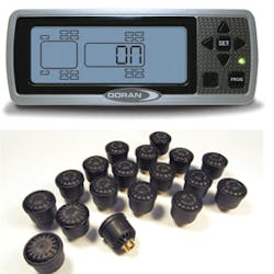 Direct TPMS, such as the Doran 360 series, uses pressure sensors located on each wheel's valve stems to directly measure the pressure in each tire. These sensors broadcast pressure data via a wireless radio frequency transmitter to a central receiver where the data is analyzed and the results sent to a display mounted inside the vehicle. Direct TPMS, such as the Doran 360 series, uses pressure sensors located on each wheel's valve stems to directly measure the pressure in each tire. These sensors broadcast pressure data via a wireless radio frequency transmitter to a central receiver where the data is analyzed and the results sent to a display mounted inside the vehicle.