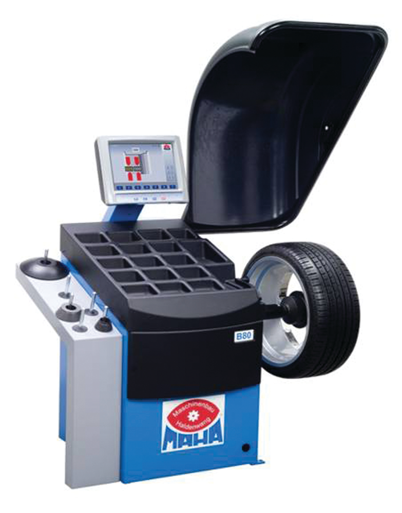 Maha USA's Passenger Vehicles Wheel Balancer, No. B80SE, features automatic three-parameter data entry, reducing the chance of entering incorrect data. For information on this product, go to www.VehicleServicePros.com/10958040.