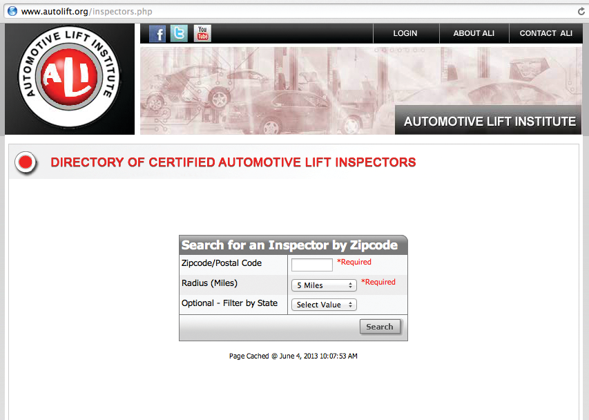 Vehicle lift owners can find ALI Certified Lift Inspectors who are qualified to perform annual lift inspections through the Automotive Lift Institute&rsquo;s new online database at www.autolift.org/inspectors.php.