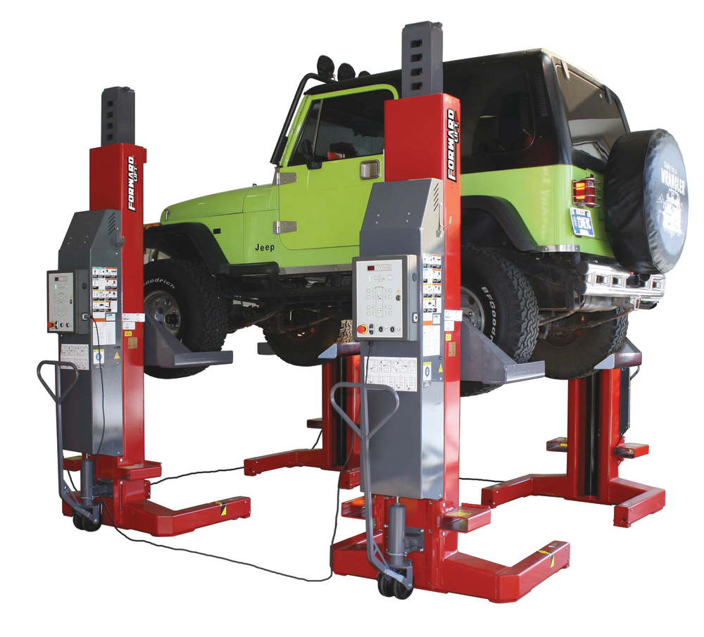 The gold 'ALI Certified/Validated by ETL' label on this Forward Lift FCH4 mobile column lift signifies that the lift has been third-party tested and certified to meet ANSI-ALI ALCTV safety standards.