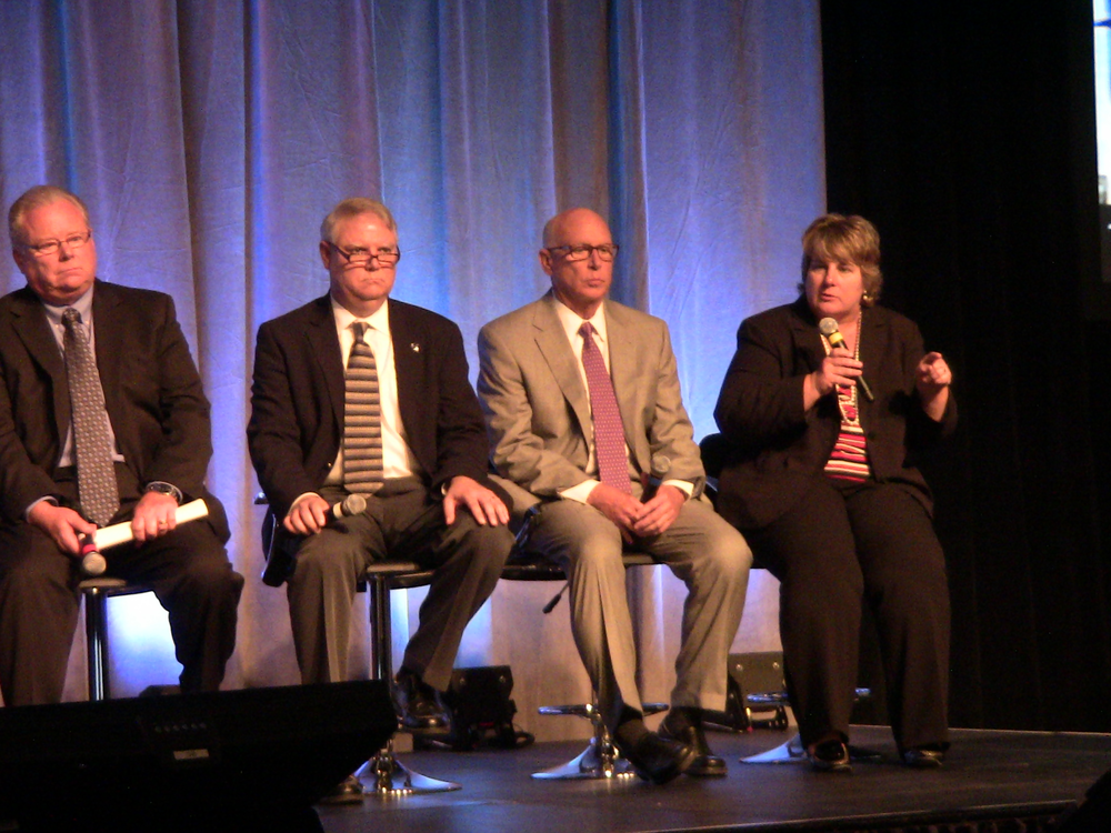 Taking on the matter of how regulations and customer demand are driving safety technology forward were, from left to right: Rebecca Brewster, American Transportation Research Institute; Reggie Dupre, CEO, Dupre Logistics; Tim Lafon, Volvo Trucks North America; and Scott Burkhart, Bendix Electronics.