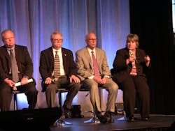 Taking on the matter of how regulations and customer demand are driving safety technology forward were, from left to right: Rebecca Brewster, American Transportation Research Institute; Reggie Dupre, CEO, Dupre Logistics; Tim Lafon, Volvo Trucks North America; and Scott Burkhart, Bendix Electronics. Taking on the matter of how regulations and customer demand are driving safety technology forward were, from left to right: Rebecca Brewster, American Transportation Research Institute; Reggie Dupre, CEO, Dupre Logistics; Tim Lafon, Volvo Trucks North America; and Scott Burkhart, Bendix Electronics.