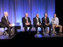 Participating in a panel discussion on the future of fuel economy during the 2013 Commercial Vehicle Outlook Conference were, from left to right: Derek Kaufman, Mission Motors, moderator; Max Fuller, U.S. Xpress; David Hames, Daimler Trucks North America; Jim Fier, Cummins; Craig Bennett, Utility Trailer. Participating in a panel discussion on the future of fuel economy during the 2013 Commercial Vehicle Outlook Conference were, from left to right: Derek Kaufman, Mission Motors, moderator; Max Fuller, U.S. Xpress; David Hames, Daimler Trucks North America; Jim Fier, Cummins; Craig Bennett, Utility Trailer.