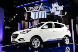 The 2015 Hyundai Tucson Fuel Cell hydrogen-powered electric vehicle is introduced at the 2013 Los Angeles Auto Show. The 2015 Hyundai Tucson Fuel Cell hydrogen-powered electric vehicle is introduced at the 2013 Los Angeles Auto Show.