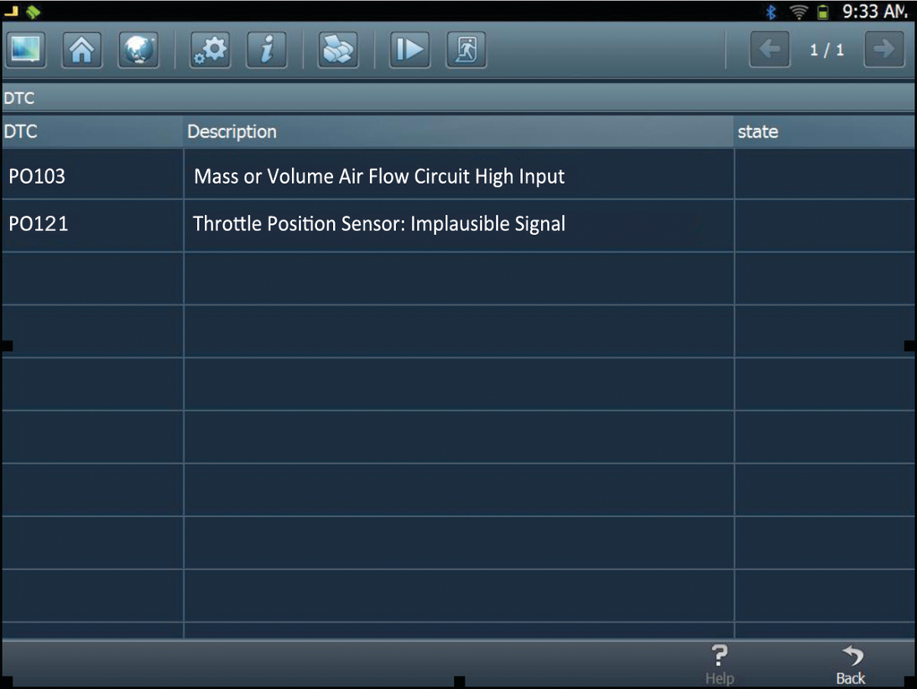 Fig. 1: The scan tool finds the following DTCs stored: P0103/16487 and P0121/16505. The P0103 will indicate mass or volume air flow circuit high input. The P0121 will indicate throttle position sensor: implausible signal.