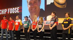 The race car drivers who support Mac Tools take center stage during the Tool Fair Kickoff.