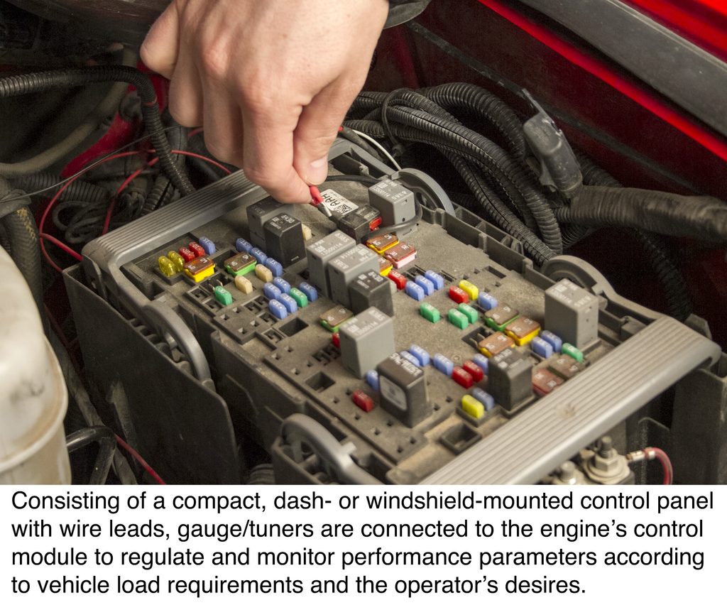 Consisting of a compact, dash- or whidshield-mounted control panel with wire leads, gauge/tuners are connected to the engine's control module to regulate and monitor performance parameters according to vehicle load requirements and the operator's desires.