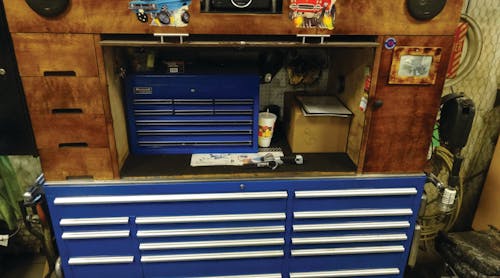 Don Sutton designed a wood cabinet to provide additional storage space for his Mountain toolbox.