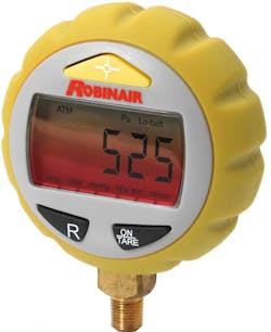 The three-color backlight display on the Robinair RAVG-1 Digital Micron Gauge offers at one glance the vacuum process status: green indicates correct vacuum is achieved, yellow advises of decreasing vacuum, red indicates moisture or a leak. The three-color backlight display on the Robinair RAVG-1 Digital Micron Gauge offers at one glance the vacuum process status: green indicates correct vacuum is achieved, yellow advises of decreasing vacuum, red indicates moisture or a leak.