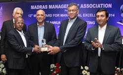 P. Kaniappan (second from left), vice president, WABCO India Ltd., accepts the 2014 MMA Award for Managerial Excellence in Manufacturing. The Madras Management Association (MMA) recognized WABCO India for excellence in financial performance, product innovation and customer awards. P. Kaniappan (second from left), vice president, WABCO India Ltd., accepts the 2014 MMA Award for Managerial Excellence in Manufacturing. The Madras Management Association (MMA) recognized WABCO India for excellence in financial performance, product innovation and customer awards.