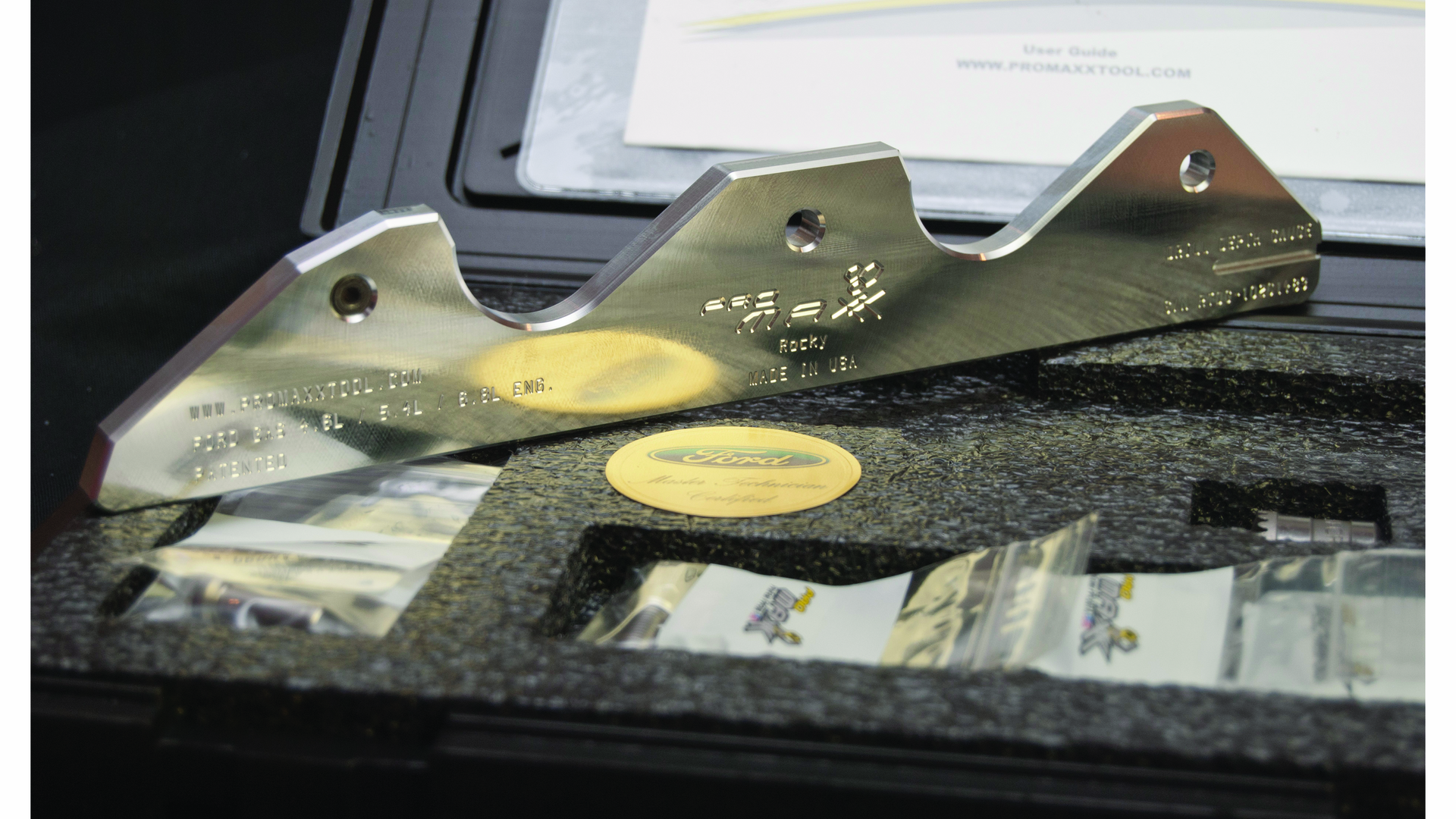 The ProMaxx Tools Rocky exhaust manifold stud repair tool, for use on both two and three valve versions of the 4.6L, 5.4L and 6.8L V-10 Ford gas engines.