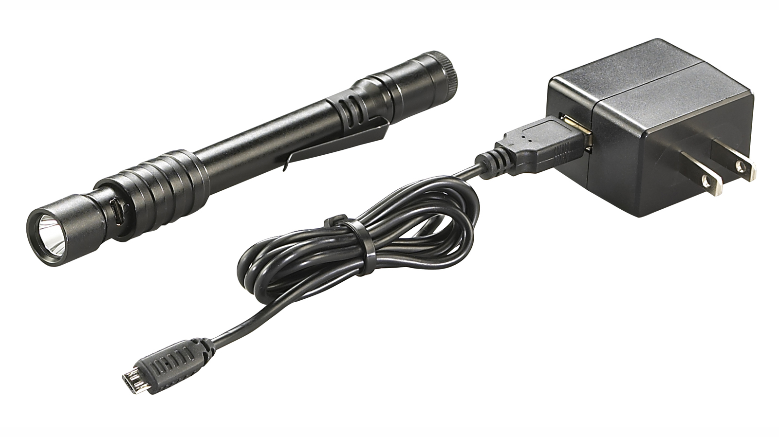 The 6.15', 1.9 oz Streamlight Rechargeable Stylus Pro USB ncludes a USB recharging port, accessed by sliding back a water-resistant sleeve.