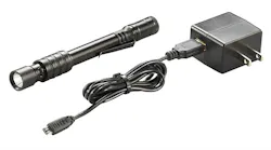The 6.15', 1.9 oz Streamlight Rechargeable Stylus Pro USB ncludes a USB recharging port, accessed by sliding back a water-resistant sleeve.