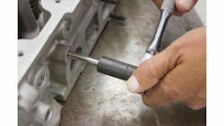 Using a tap socket, such as tools from the Lisle 70500 Tap Socket Set, allows use of a small ratchet on the extractor, in place of a T-handle, to provide more movement and keep the tool straight preventing side load which can break the extractor. Using a tap socket, such as tools from the Lisle 70500 Tap Socket Set, allows use of a small ratchet on the extractor, in place of a T-handle, to provide more movement and keep the tool straight preventing side load which can break the extractor.