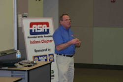 Vernie Menke, owner of Menke’s Automotive Repair in Newburgh, Ind., speaks to attendees at ASA-Indiana’s first meeting. ASA-Indiana is the Automotive Service Association’s 14th affiliate. Vernie Menke, owner of Menke’s Automotive Repair in Newburgh, Ind., speaks to attendees at ASA-Indiana’s first meeting. ASA-Indiana is the Automotive Service Association’s 14th affiliate.