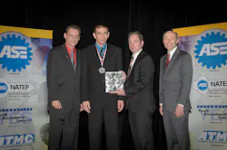 (L-R): Glenn Dahl, ASE chairman of the board of directors; Joseph Grenchik, Technician of the Future; Nick DiVerde, senior marketing director, Mitchell 1; Tim Zilke, ASE president & CEO. (L-R): Glenn Dahl, ASE chairman of the board of directors; Joseph Grenchik, Technician of the Future; Nick DiVerde, senior marketing director, Mitchell 1; Tim Zilke, ASE president & CEO.