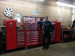 David Lewis stands with his combo Mac Tools and Snap-on toolbox. David Lewis stands with his combo Mac Tools and Snap-on toolbox.
