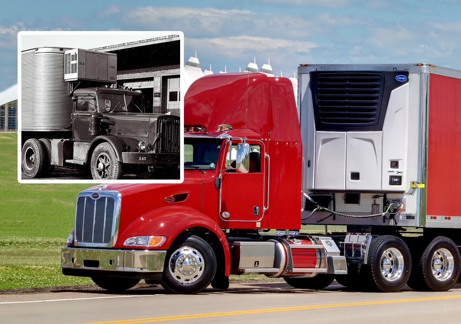 This year marks the 75th anniversary of Carrier truck refrigeration innovation and the 45th anniversary of the Carrier Transicold brand. Shown is a vintage Carrier trailer refrigeration unit contrasted with a modern high-performance X4 series unit from Carrier Transicold.