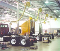 Among the methods for eliminating hazardous exhaust emissions in vehicle shops are at-the-source capture systems which essentially become an extension of the tailpipe and convey the fumes outside. Among the methods for eliminating hazardous exhaust emissions in vehicle shops are at-the-source capture systems which essentially become an extension of the tailpipe and convey the fumes outside.