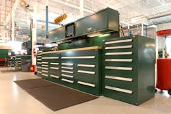 Vidmar's 'Rotunda' inventory control system consists of four Vidmar cabinets with a total of 52 tool drawers, plus overhead cabinets for bulk storage. Vidmar's 'Rotunda' inventory control system consists of four Vidmar cabinets with a total of 52 tool drawers, plus overhead cabinets for bulk storage.