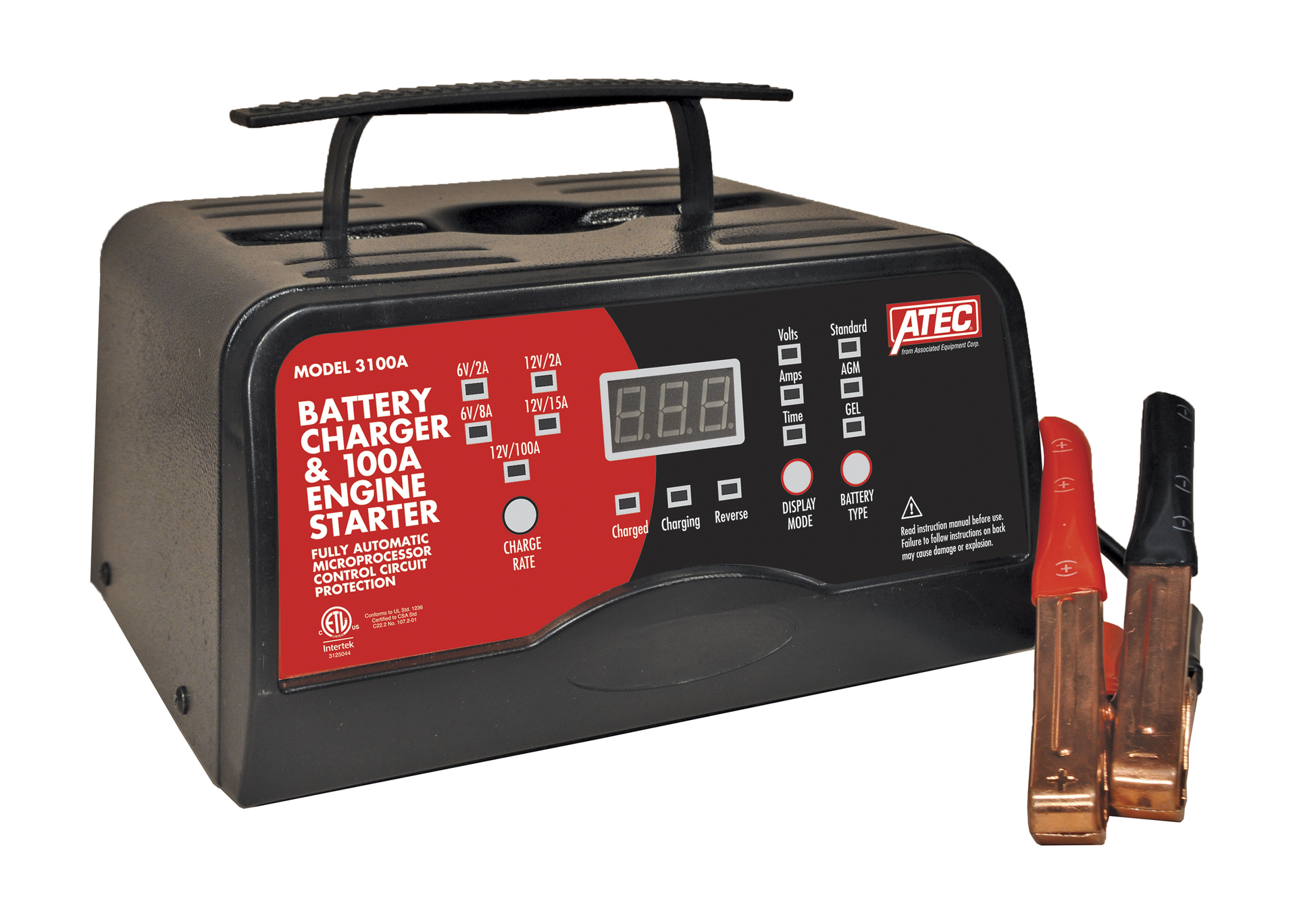 The ATEC Smart Battery Chargers, capable of charging all battery types, including AGM and Gel come in three 6/12V smart charger models, Nos. 3055A, 3075A and 3100A. All three models feature automatic bad battery detection, engine start and an LED digital display indicating charging voltage, amperage, charge time and countdown for start function.