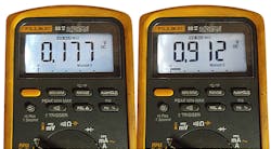 Digital multimeter. Using the min/max feature on our DMM, we observed a minimum voltage of 177mV (left) and a maximum of 912mV (right). On the surface that seems normal, but we have no reference to time. Digital multimeter. Using the min/max feature on our DMM, we observed a minimum voltage of 177mV (left) and a maximum of 912mV (right). On the surface that seems normal, but we have no reference to time.