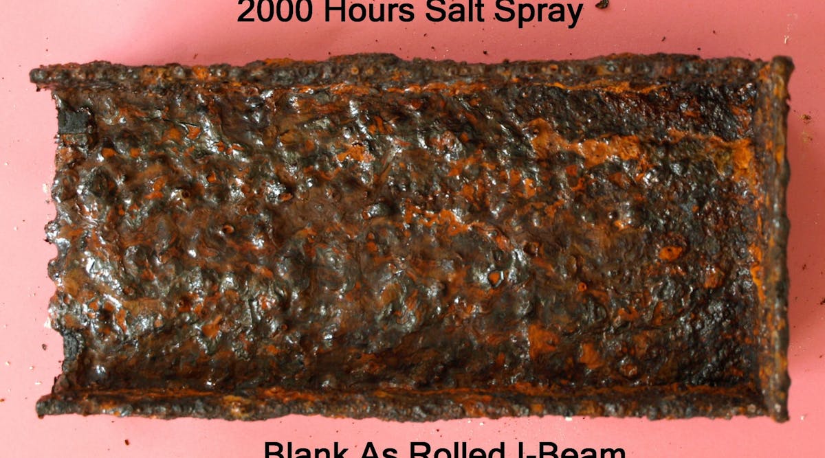This untreated rolled I-beam section shows the effect that 2,000 hours of sodium chloride spray exposure can have on metal.