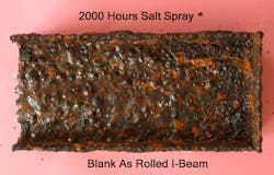 This untreated rolled I-beam section shows the effect that 2,000 hours of sodium chloride spray exposure can have on metal. This untreated rolled I-beam section shows the effect that 2,000 hours of sodium chloride spray exposure can have on metal.
