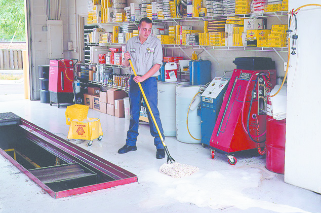 It is important not to over wet the surface because a damp mop will allow the oil and dirt to cling to the mop, instead of being spread around by the solution on the floor.