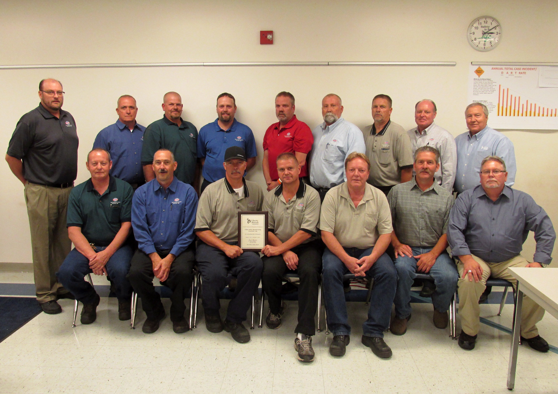 Back row &ndash; left to right Dennis Wilson (EHS Manager); Cary Day, Rowdy Steed, Justin Child, Bob Saunders, Scott Lerohl, Kim Carter (General Foremen); Todd Smith (Plant Manager); Rob Gardner (Liberty Mutual) Front row &ndash; left to right James Gronwald (General Foreman); Jay Bills (Plant Superintendent); Mark Pobanz, Rich MacGoldrick (General Foremen); Steve Jenson (Night Superintendent); Doug Simonton (EHS Technician); Dave Thompson (Night EHS/HR Supervisor)