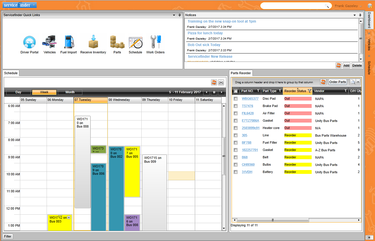 With dashboard, all scheduled work by technician, day, week and month can be quickly seen. Dashboards can also be used to re-assign work and show if parts needed for scheduled work are in stock.