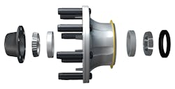 Fig. 1: A typical wheel end system consists of a seal, an inboard and outboard tapered bearing, and a hubcap, as well as a spindle nut and wheel nuts. Some wheel end systems may also contain a spacer that is meant to provide preset torqueing. Each component plays a vital role in protecting the wheel end as well as the operator.