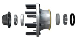 Fig. 1: A typical wheel end system consists of a seal, an inboard and outboard tapered bearing, and a hubcap, as well as a spindle nut and wheel nuts. Some wheel end systems may also contain a spacer that is meant to provide preset torqueing. Each component plays a vital role in protecting the wheel end as well as the operator. Fig. 1: A typical wheel end system consists of a seal, an inboard and outboard tapered bearing, and a hubcap, as well as a spindle nut and wheel nuts. Some wheel end systems may also contain a spacer that is meant to provide preset torqueing. Each component plays a vital role in protecting the wheel end as well as the operator.