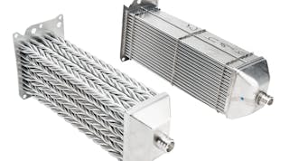 An H-Core EGR cooler produced by BulletProof Diesel shown on the left, demonstrating the exhaust tubes arranged in a helical pattern that resembles a braid. A conventional EGR cooler is shown on the right.