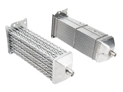 An H-Core EGR cooler produced by BulletProof Diesel shown on the left, demonstrating the exhaust tubes arranged in a helical pattern that resembles a braid. A conventional EGR cooler is shown on the right. An H-Core EGR cooler produced by BulletProof Diesel shown on the left, demonstrating the exhaust tubes arranged in a helical pattern that resembles a braid. A conventional EGR cooler is shown on the right.
