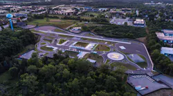 An aerial view of the Mcity Test Facility, which sits on a 32-acre site and features about 16 acres of roads and traffic infrastructure.